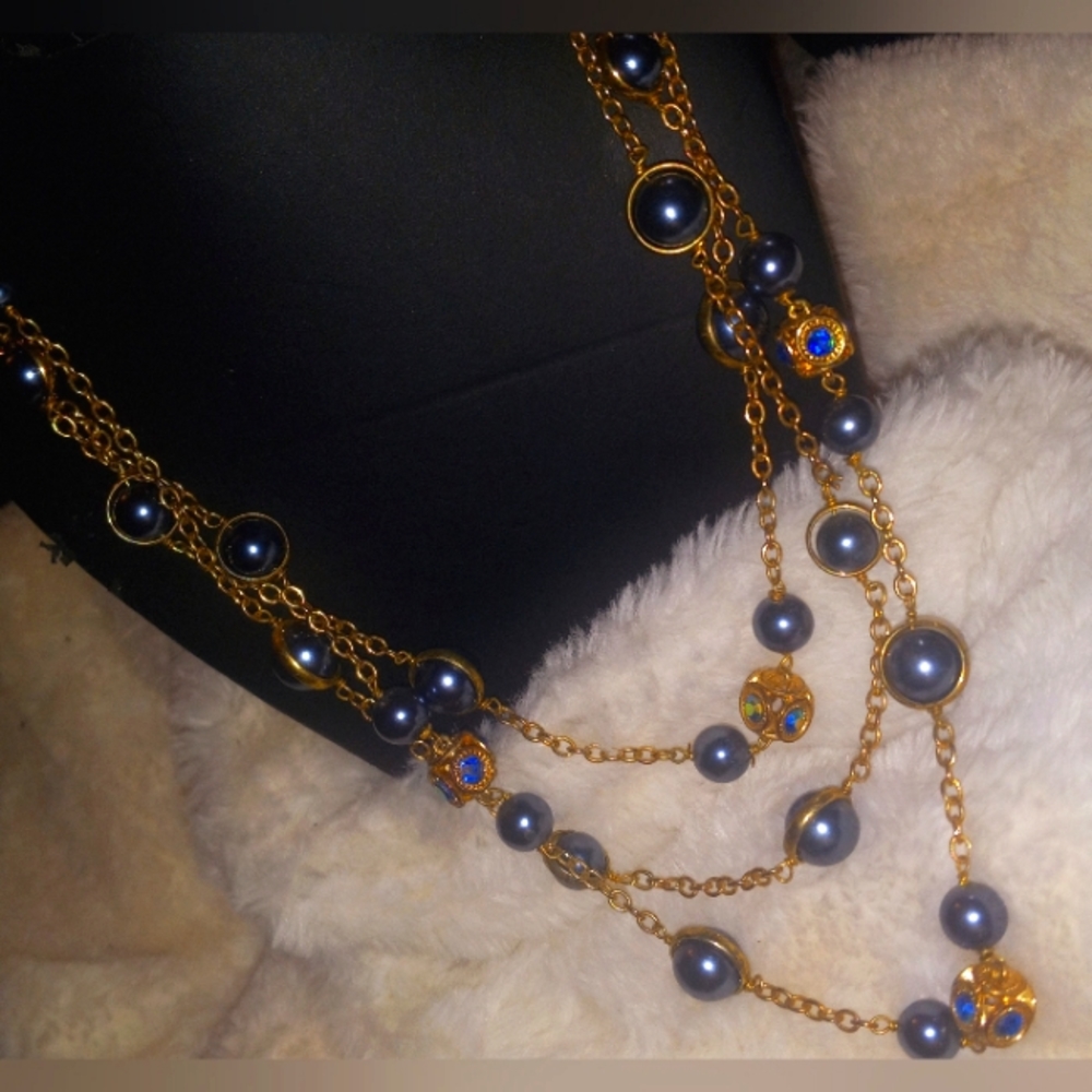 Coldwater Creek Tri Layered Gold Necklace with Blue& Gold Round/Square Pendants
